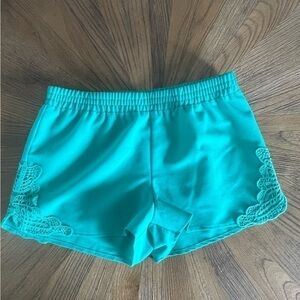 Green Lounge Shorts with Lace Detail Elastic Waist